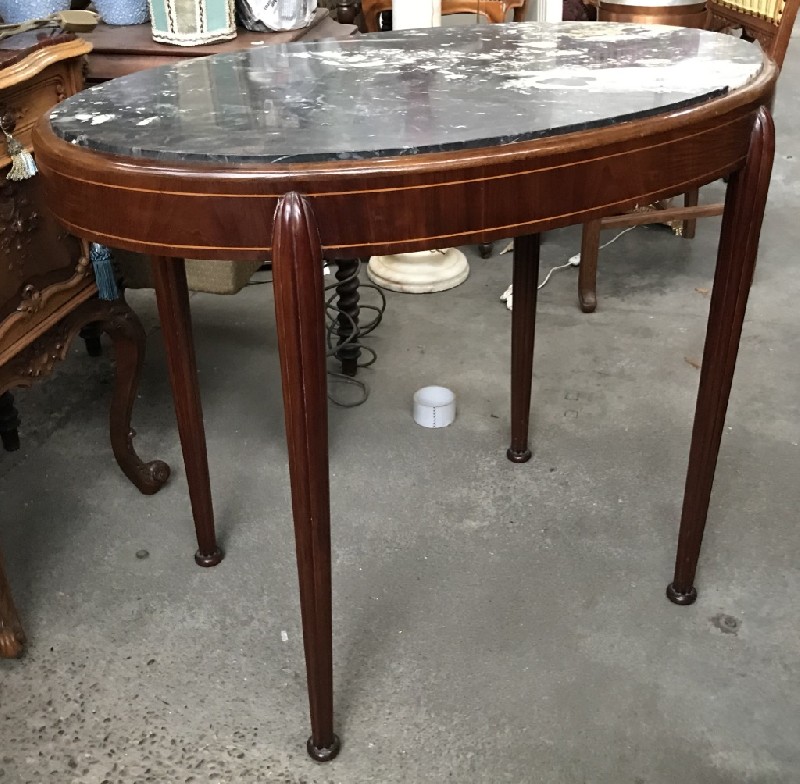Art deco walnut & grey marble top oval side table.