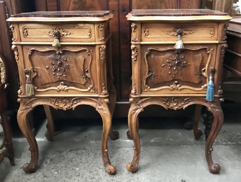 Fine pair of French 19th century Louis XVth floral carved walnut bedside cabinets with rouge marble tops and marble interior.