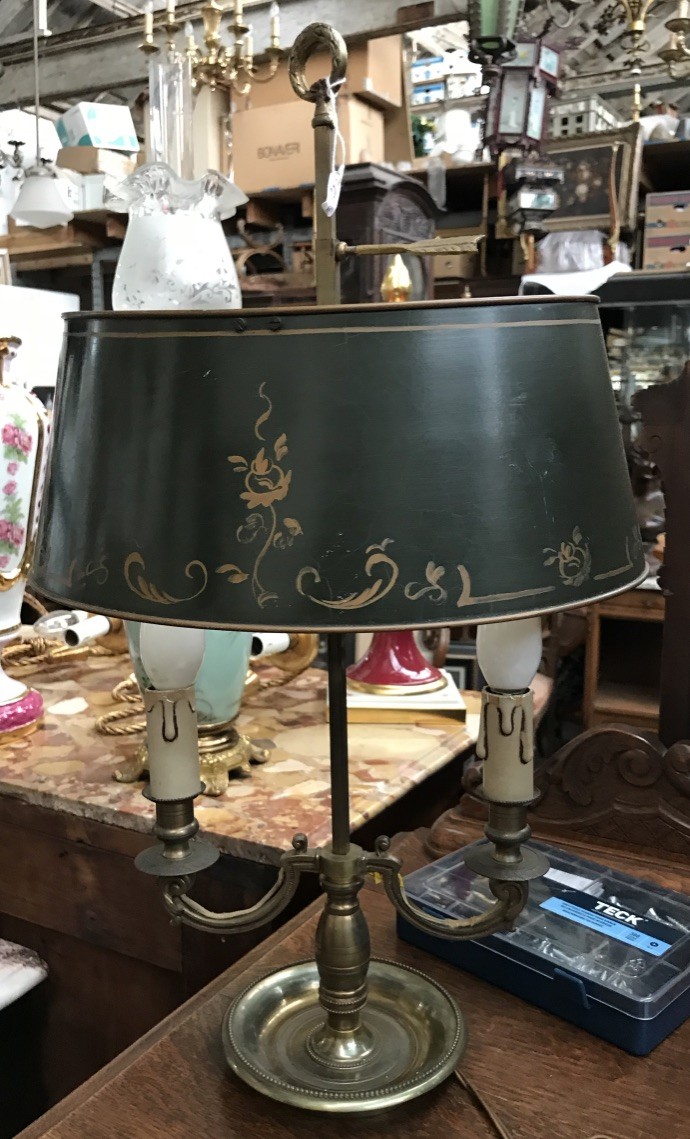 French early 20th century bronze toll lamp with painted metal shade.