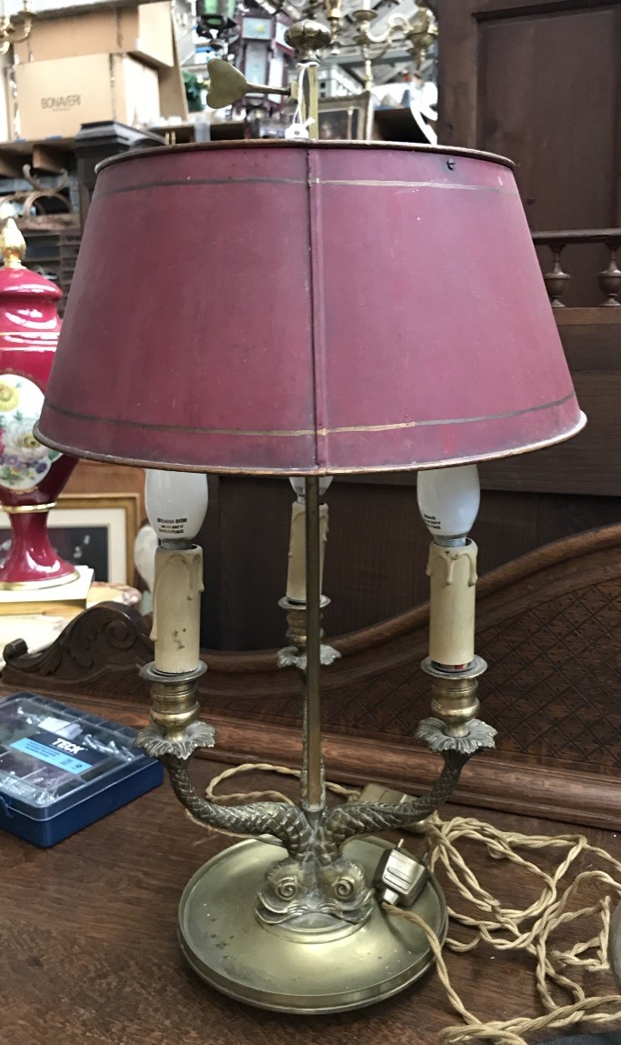 French early 20th century bronze toll lamp with painted red metal shade.