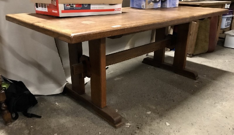 French oak pedestal based refectory table with stretcher base.
