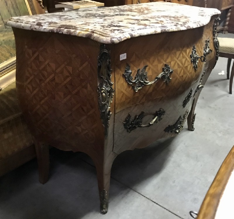 Good French Louis XVth walnut & parquetry decorated two drawer commode with marble top and fine ormolu mounts.