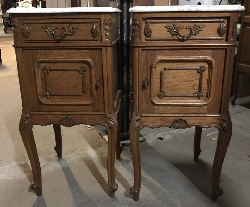 Pair of French Louis XVth carved oak & white marble top bedside cabinets.