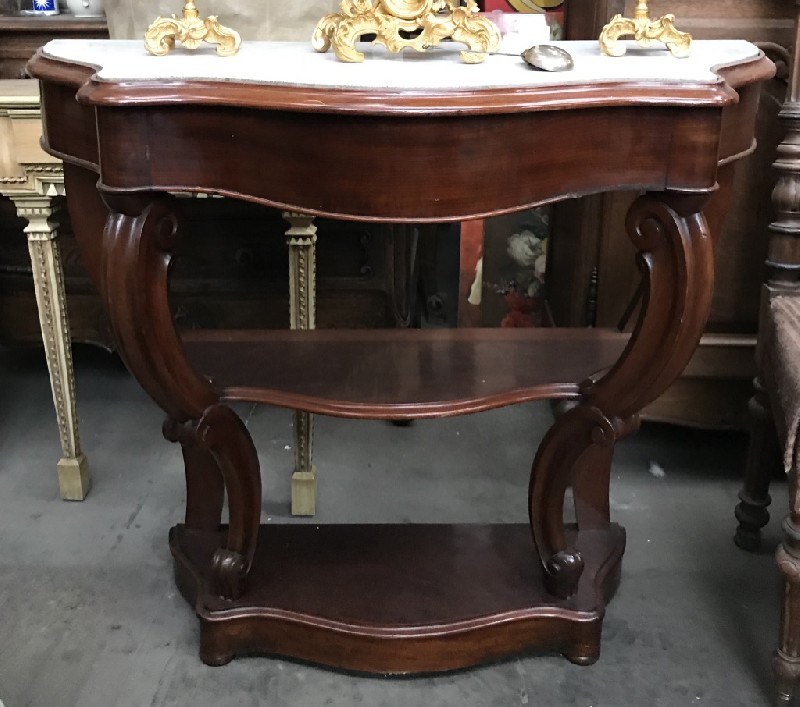 19th century French Louis Phillipe mahogany console table with white marble top.