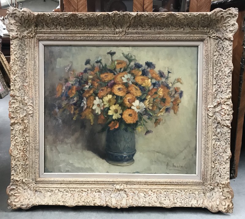Ornately framed French oil painting still life of flowers signed.
