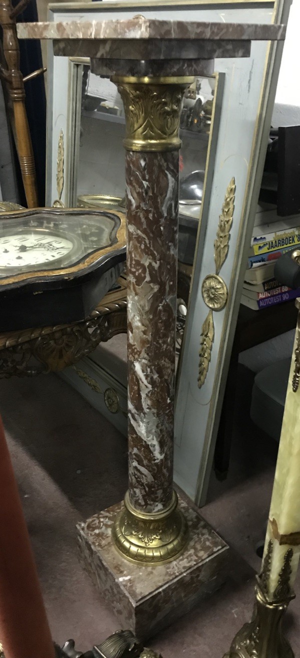 French rouge marble column pedestal with bronze mounts.