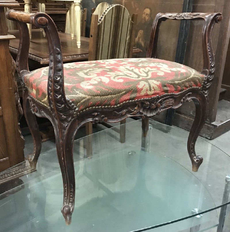 Fine 19th century french carved walnut & floral upholstered dressing stool.