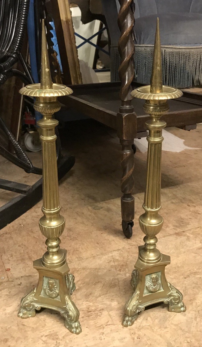 Pair of French bronze gothic design candle sticks.