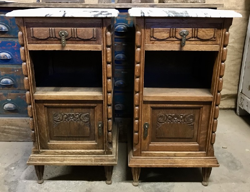 Pair of French carved walnut & white marble top bedside cabinets.
