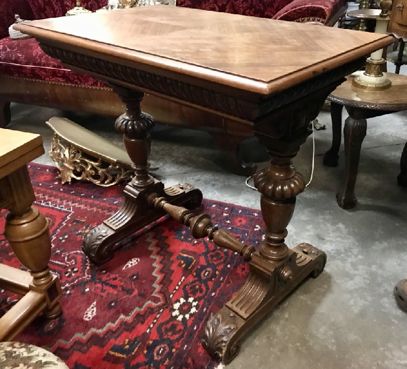 French 19th century walnut stretcher based sofa table.