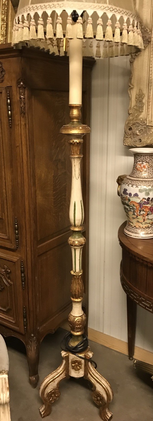 Italian lacquered and gilt decorated standard lamp and shade.
