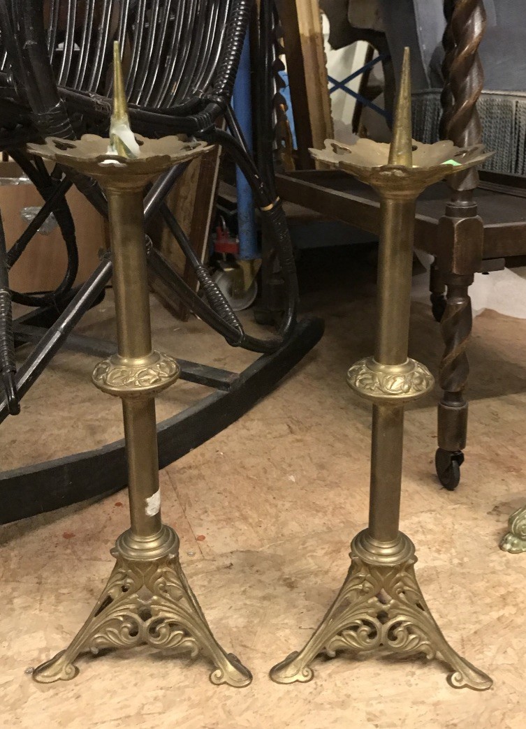 Pair of French gothic brass candle sticks.