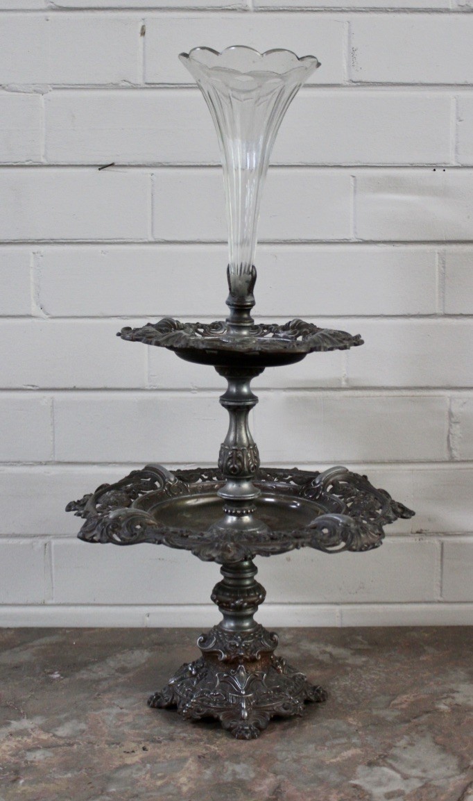 19th century French plated 2 tier table epergne with etched glass central trumpet.