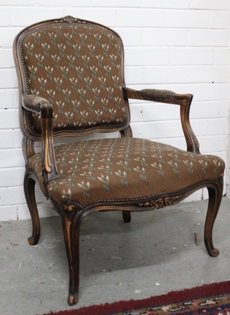 French Louis XVth walnut & floral upholstered fauteuils.