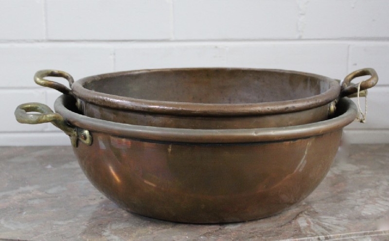 Two 19th century French copper 2 handled pans.