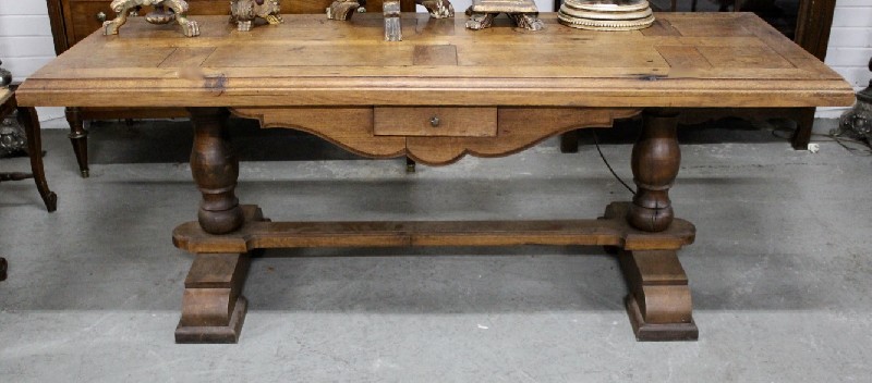 19th century French oak twin pedestal refectory table with parquetry top and stretcher base.