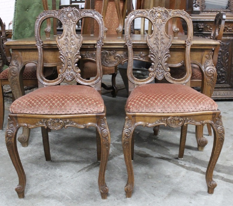Set of six French Louis XVth floral carved oak & pink upholstered dining chairs.