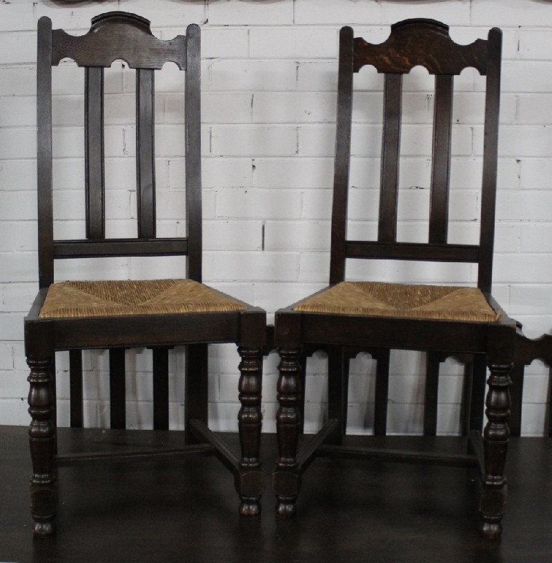 Set of 6 French oak & rush seated dining chairs.
