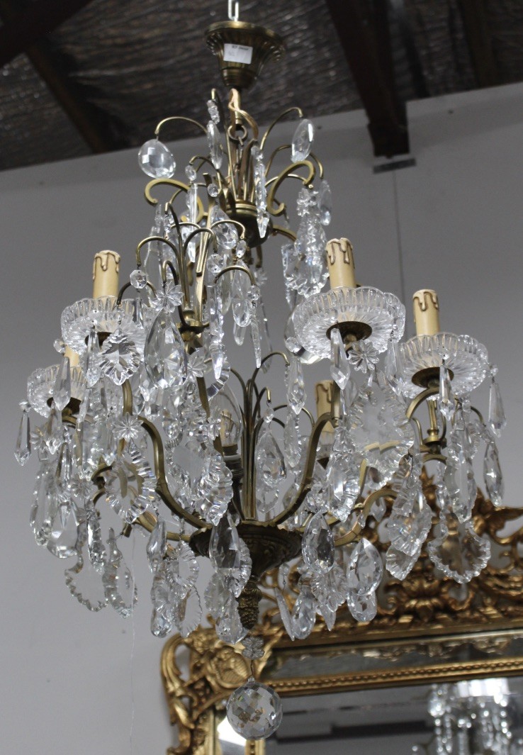 French bronze harp shaped eight branch chandelier with cut crystal drops and cups.