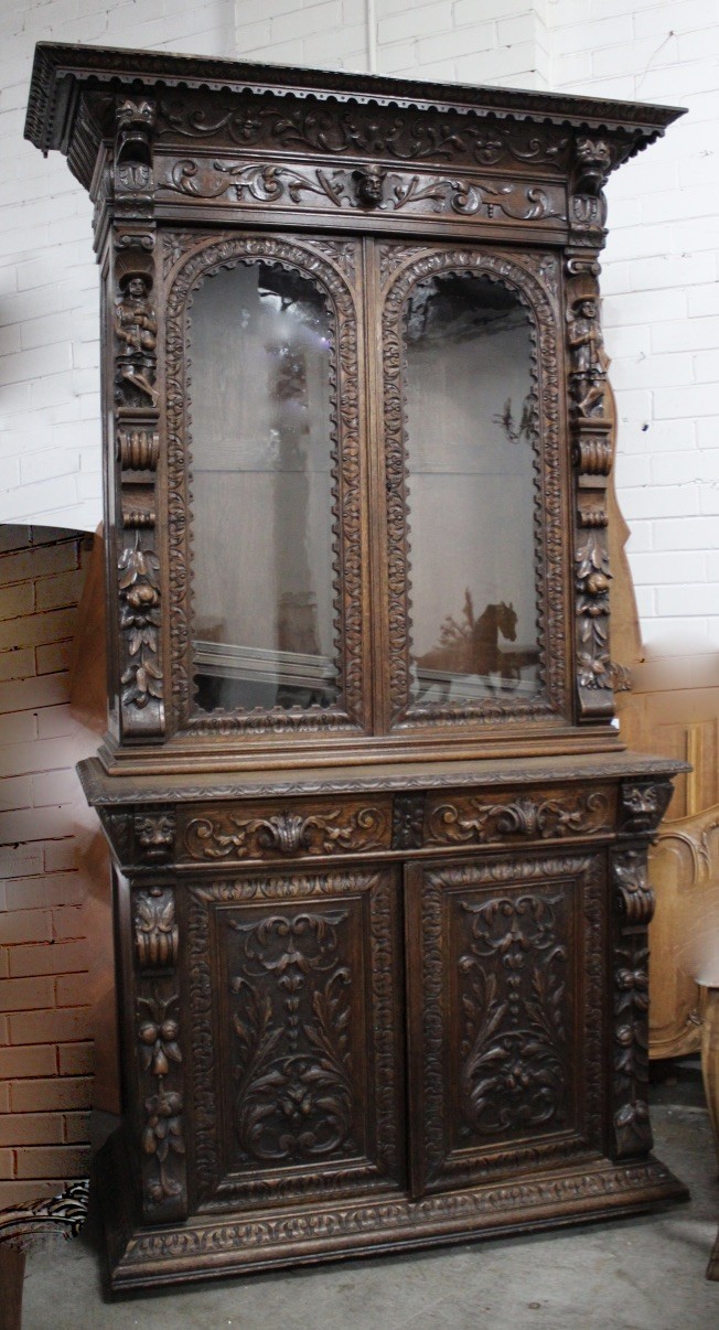Interesting 19th century French carved oak two door bookcase.