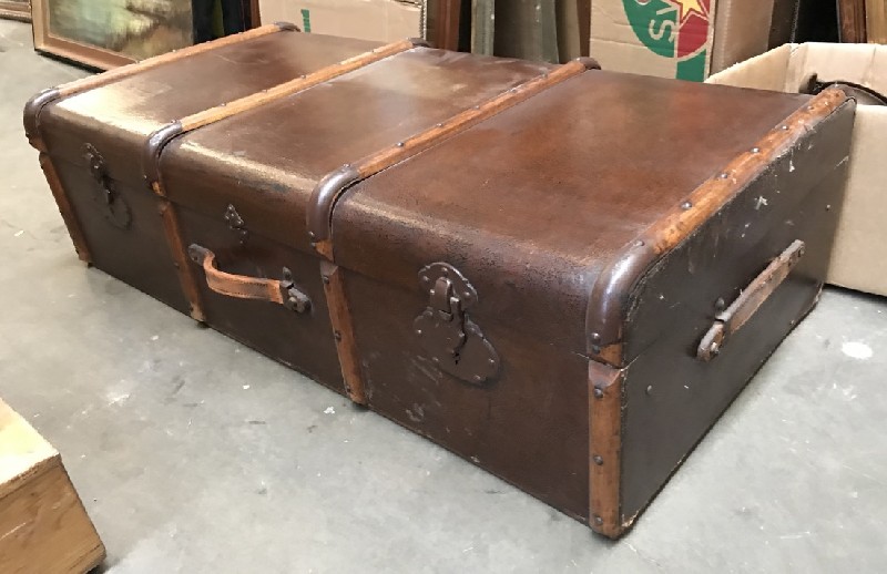 Interesting French wooden bound travelling trunk.