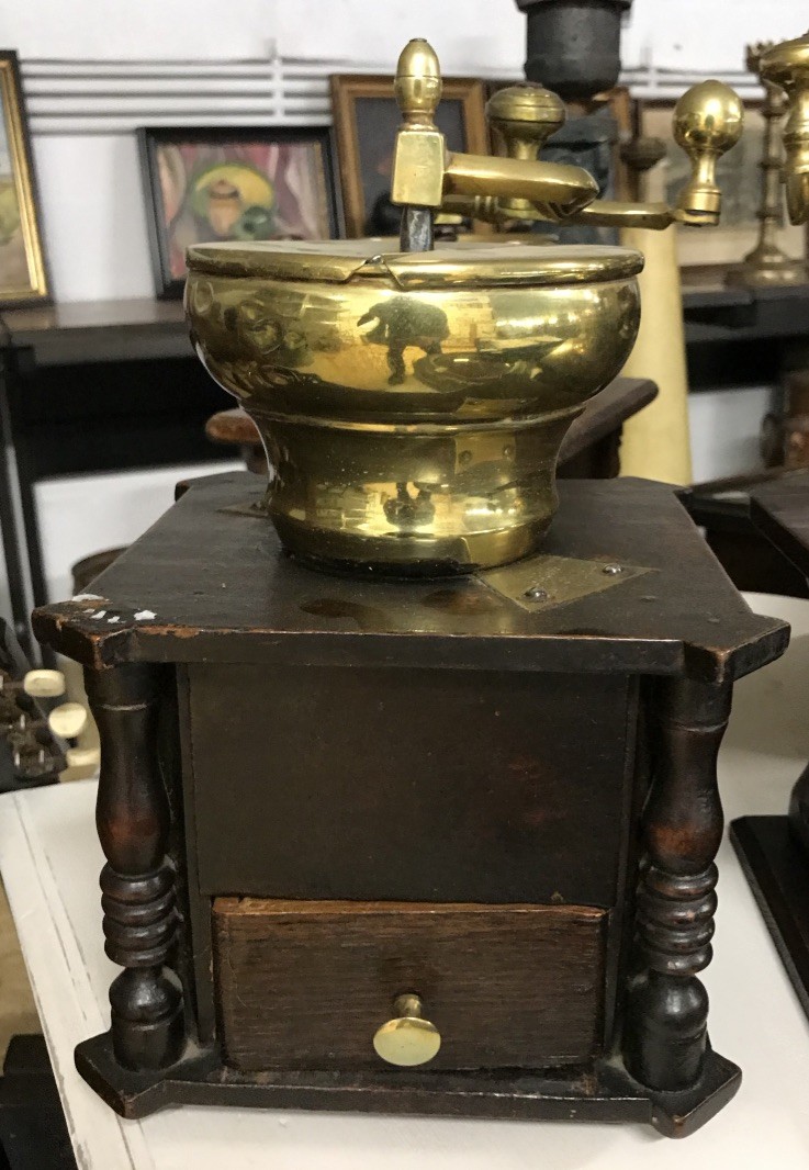 French wooden and brass coffee grinders.