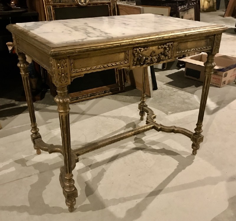 Fine French 19th century gilt wood and white marble top rectangular sofa table.