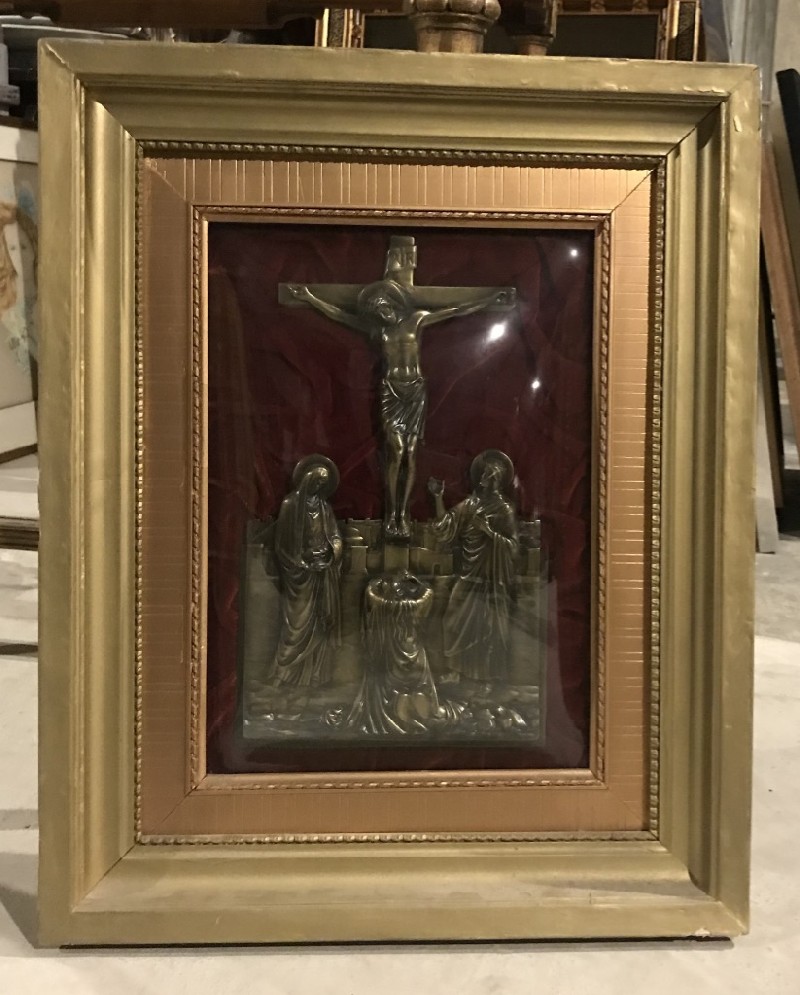 Gilt framed religious crucifix panel in convex glass