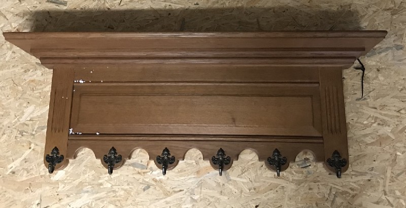 French oak coat rack with iron hooks