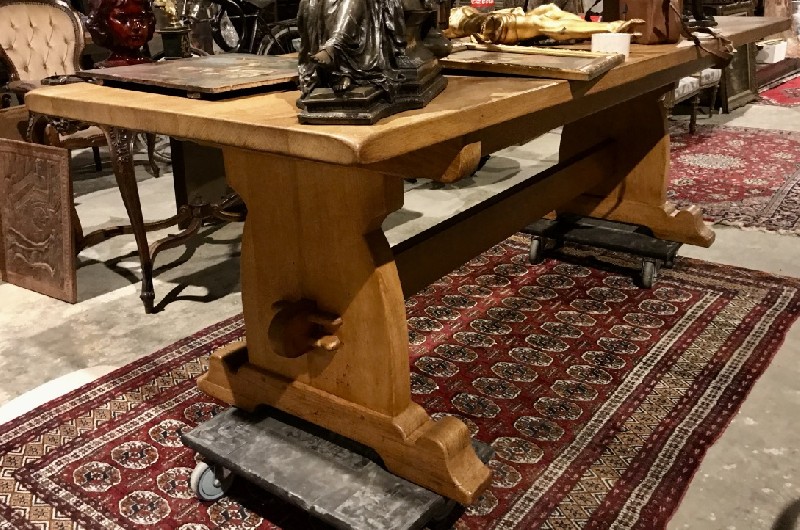 French provincial honey oak pedestal refectory table with stretcher base.