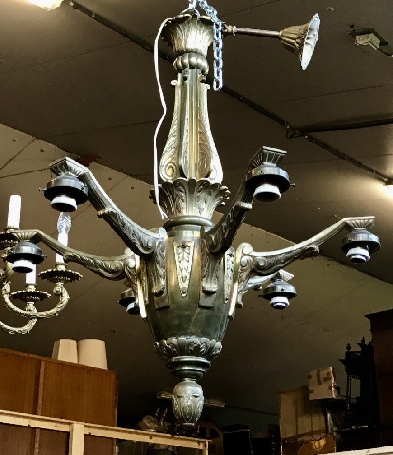 Heavy French art deco bronze 6 brass light fitting with etched glass shades.