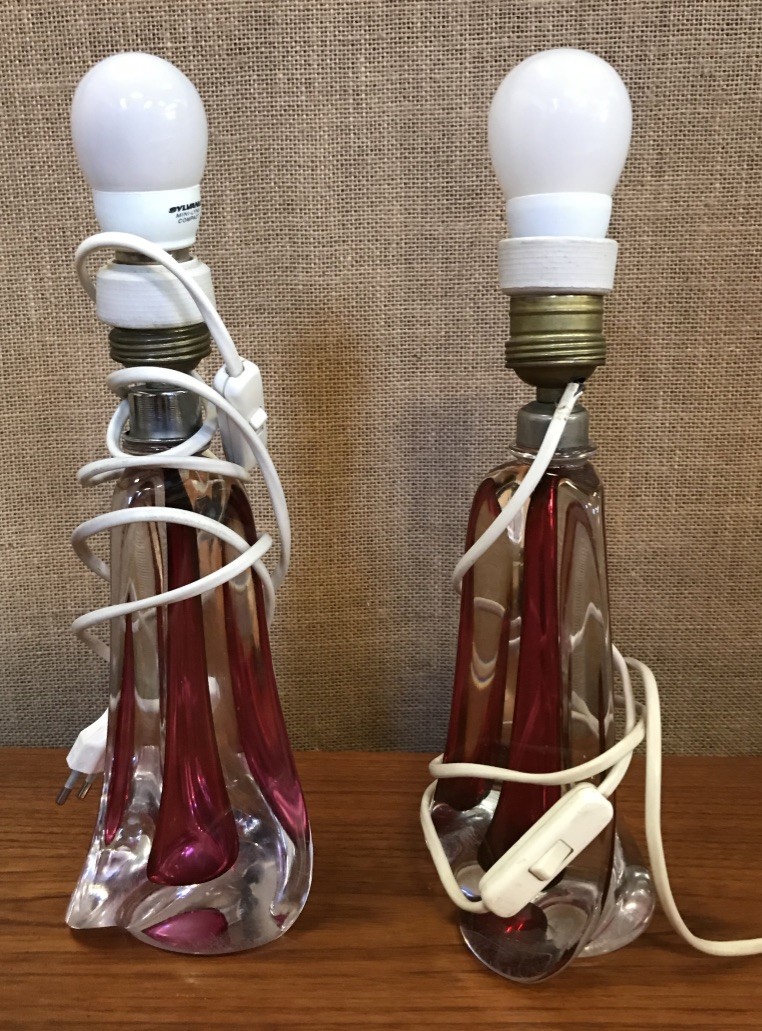 Pair of Val Saint Lambert red crystal lamps