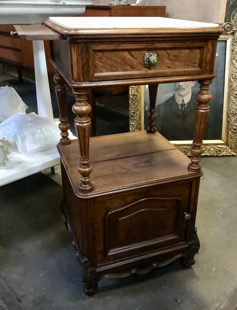 French 19th century walnut & marble top bedside cabinet.