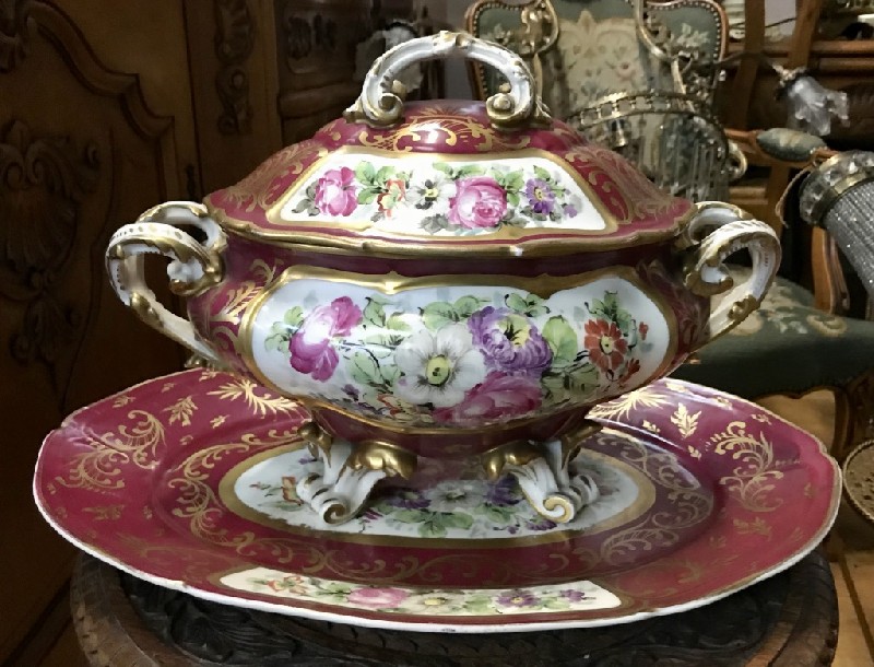 French Limoges floral porcelain lidded terrine on stand.