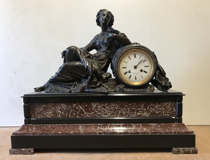 Large French 19th century maiden figured and marble clock.