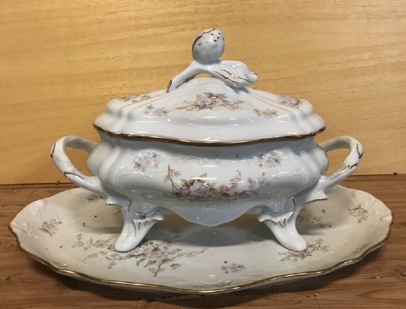 French Limoges floral porcelain covered terrine on stand.