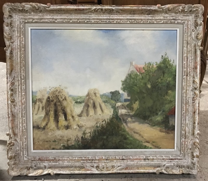 Framed oil painting landscape 'Haystacks' signed.