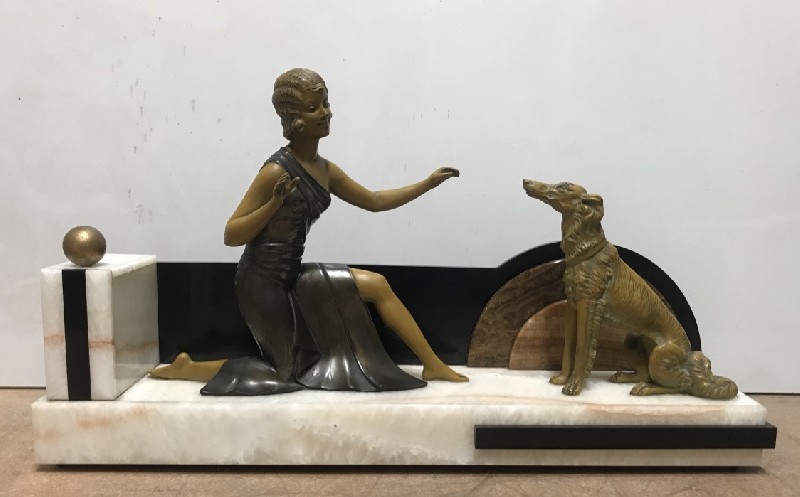 French art deco maiden and dog figured statue on marble base.