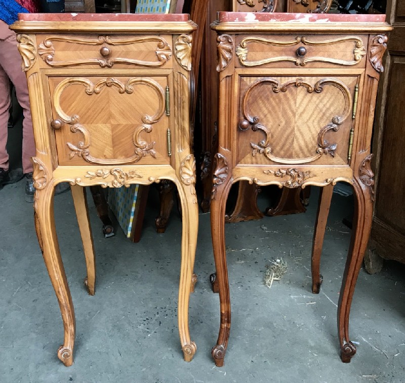 Superb pair of French 19th century Louis XVth walnut bedside cabinets with rouge marble tops.