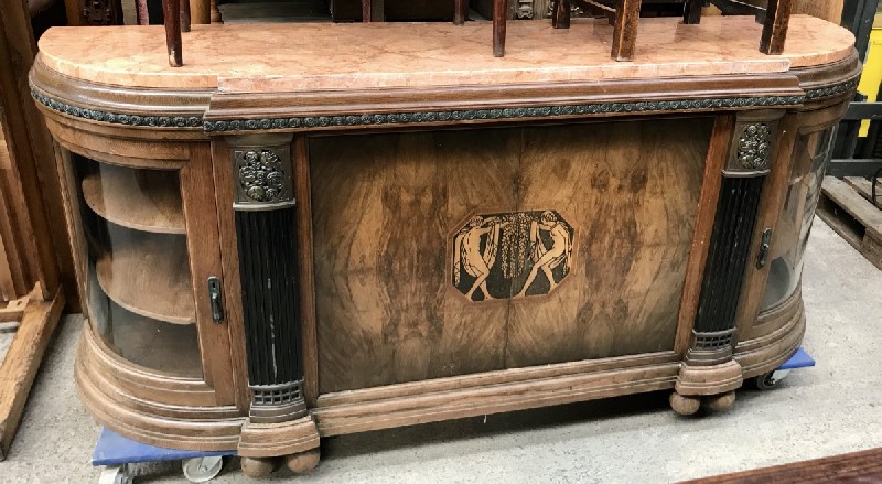 Impressive French art deco walnut & inlaid four door buffet with fine marble top and bronze mounts.
