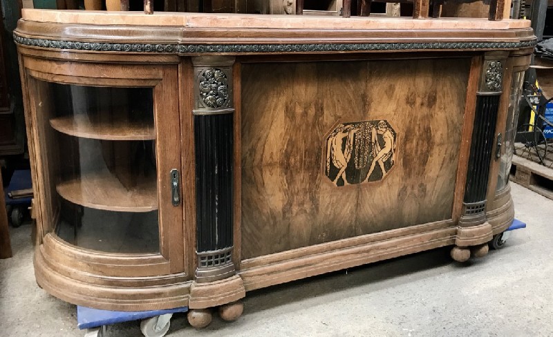 Impressive French art deco walnut & inlaid four door buffet with fine marble top and bronze mounts.