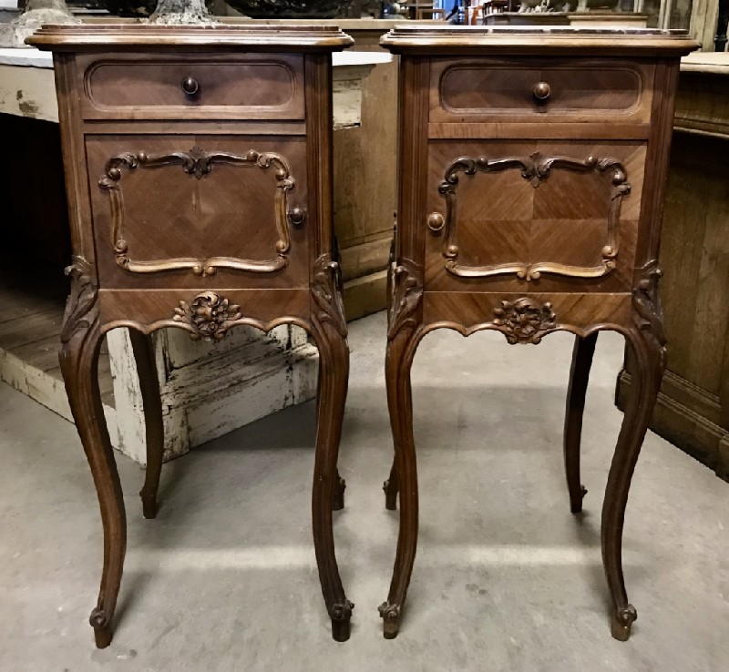 Fine pair of French 19th century walnut & rouge marble top bedside cabinets.