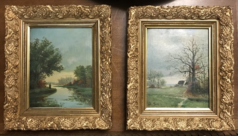 Pair of gilt framed oil painting landscapes signed V. Merlin.
