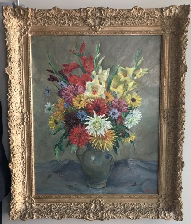 Gilt framed oil painting still life of flowers in a vase signed.