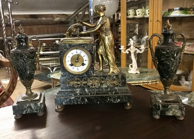 Fine 3 piece mid-19th century French Empire green marble clock set with bronze maiden figure and mounts.