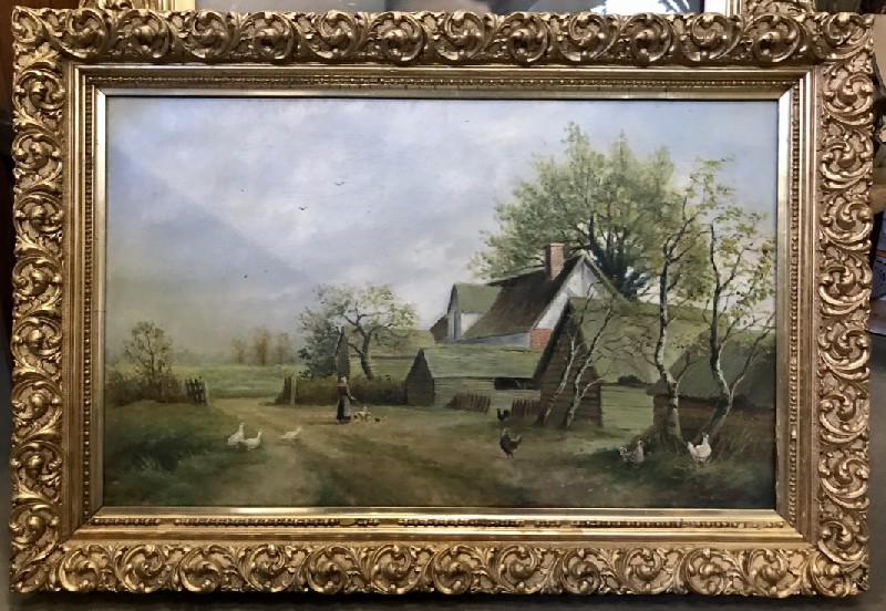 Ornate gilt framed oil painting landscape with figures signed V. Merla.