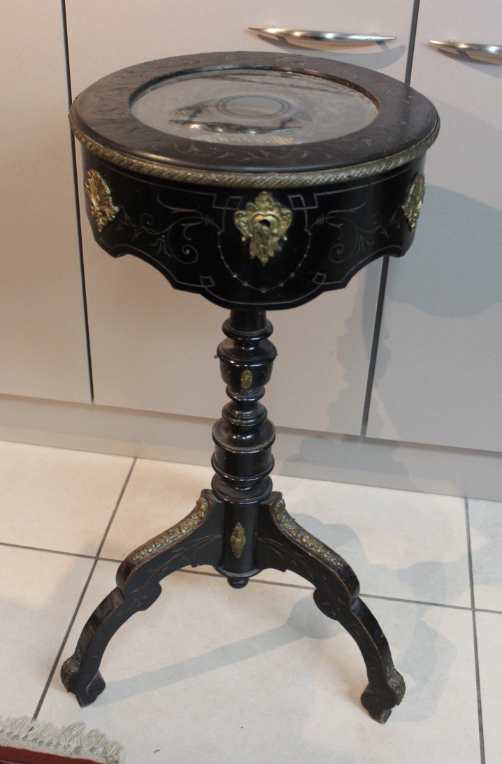 19th century French ebonized and bronze mounted display table with lift up lid.