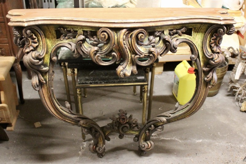 Italian lacquered and gilt decorated Louis Xvth wooden console table and matching wall mirror. Price $1650