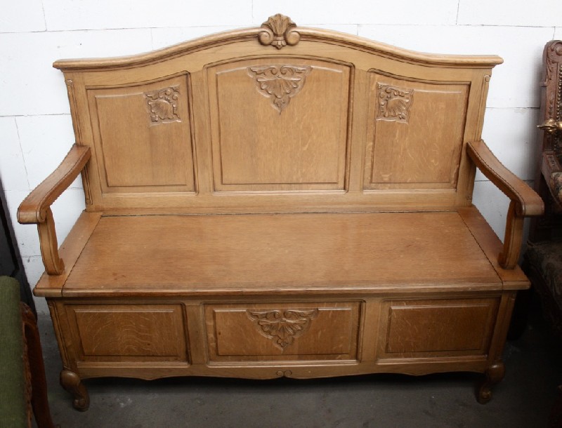 French provincial oak & floral carved hallway bench with lift up seat. Price $750