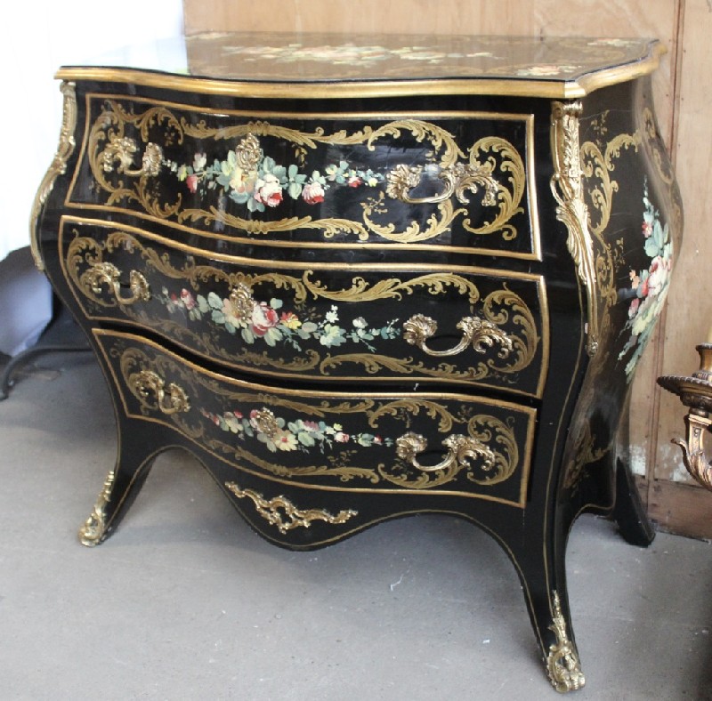 Impressive Louis XVth black lacquered and floral hand painted three drawer commode, with bronze mounts. Price $2200